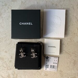 CHANEL Silver Crystal CC Drop Earrings